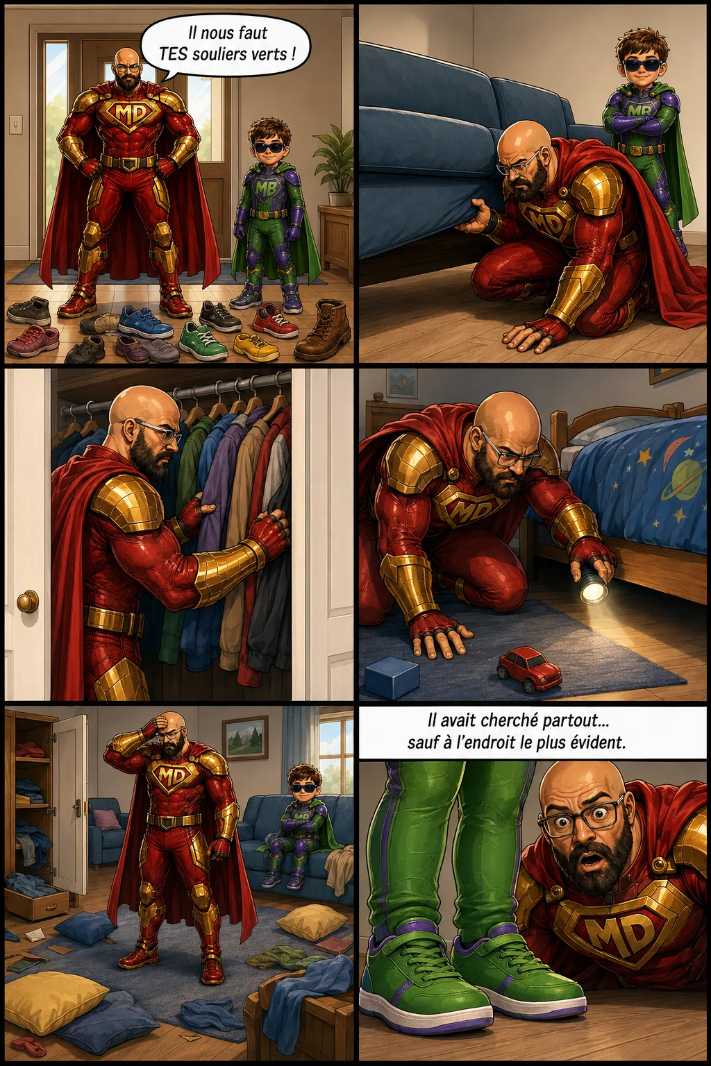 BD Mighty Dad — Mighty Dad retourne toute la maison (sous le divan, la garde-robe, sous le lit) pour trouver les souliers verts… qui étaient aux pieds de son fils depuis le début. Il avait cherché partout, sauf à l'endroit le plus évident.