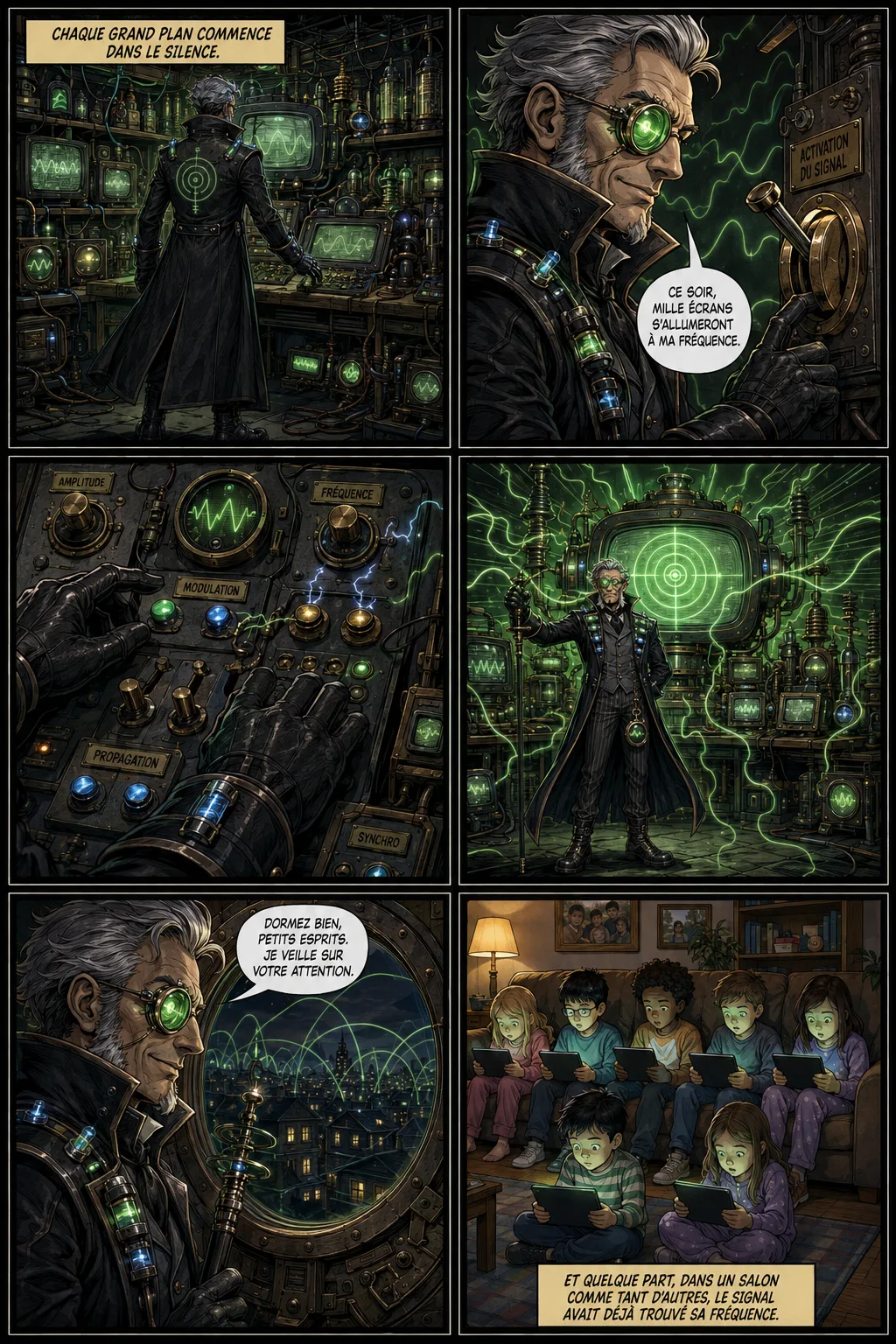 BD Mighty Dad — Le Docteur Braun active un signal dans son labo d'écrans verts ; des enfants finissent hypnotisés devant leurs tablettes.