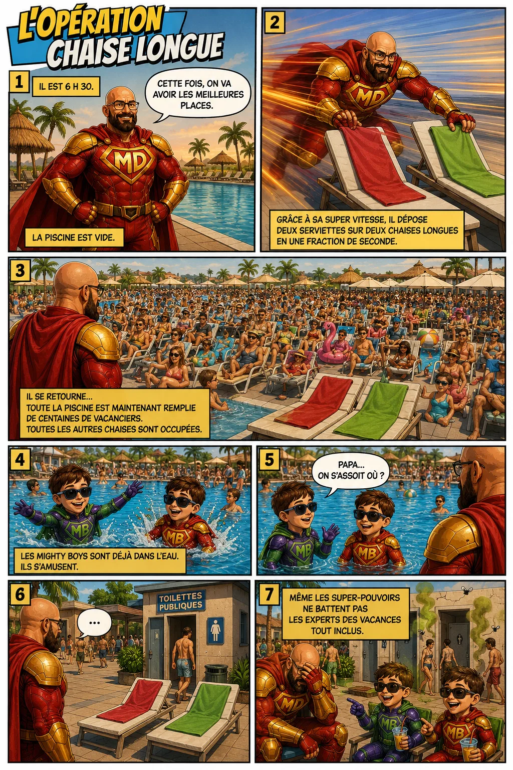 BD Mighty Dad — à l'aube, Mighty Dad utilise sa super-vitesse pour réserver deux chaises longues avec des serviettes ; il se retourne, la piscine est déjà bondée et toutes les autres chaises sont prises. Même les super-pouvoirs ne battent pas les experts.